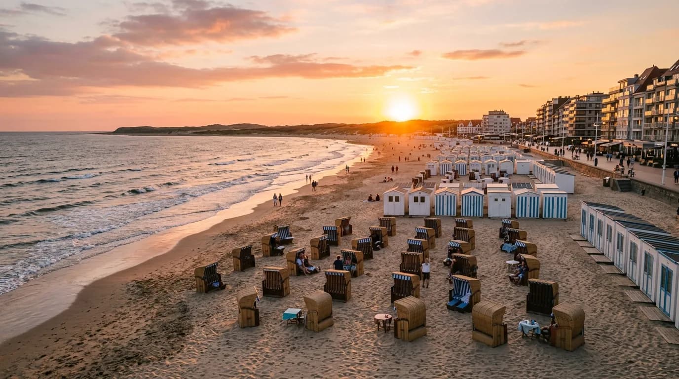 Het strand van Knokke-Zoute met strandcabines bij zonsondergang