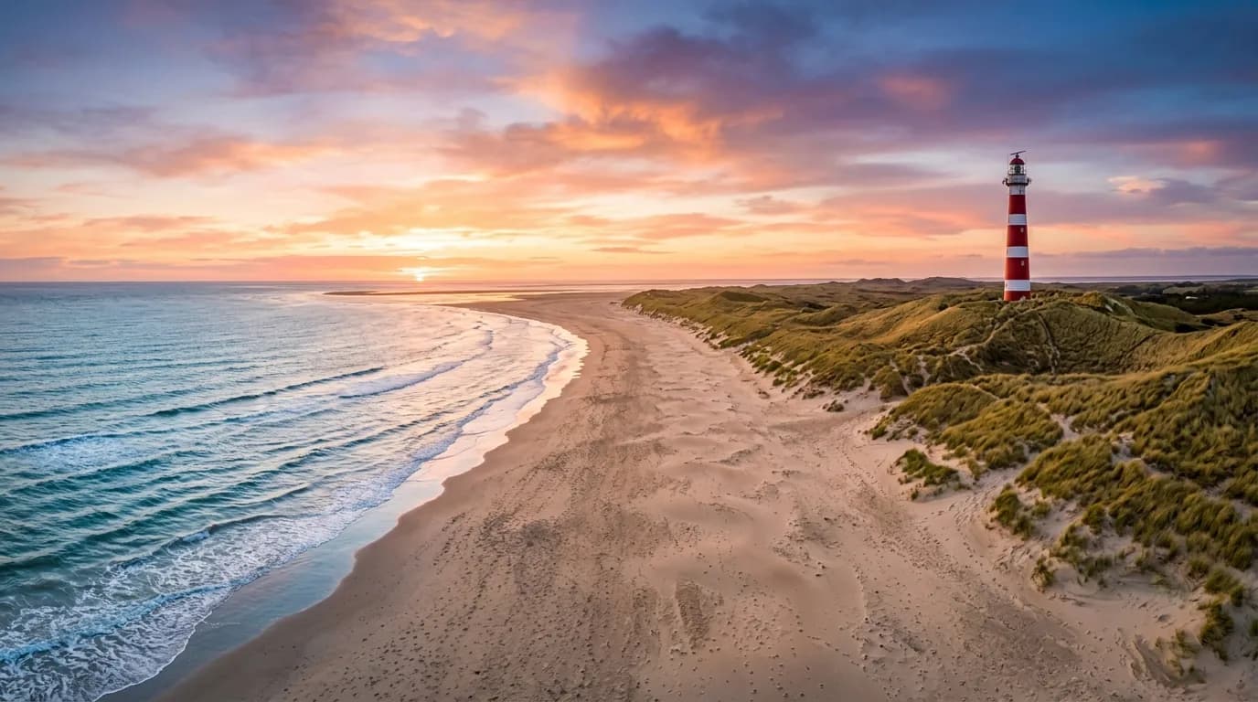 Het strand van Ameland met de rood-witte vuurtoren Bornrif bij zonsondergang