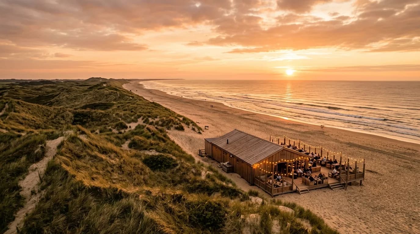 Bergen aan Zee strand met duinen van het Noordhollands Duinreservaat en strandpaviljoen bij zonsondergang