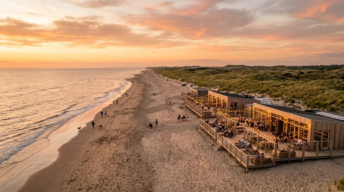Strandclubs en het brede strand van Bloemendaal aan Zee bij zonsondergang