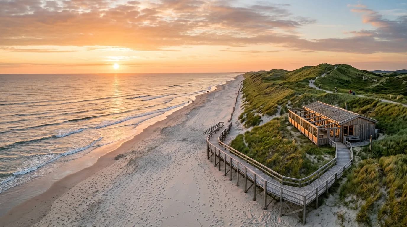 Het strand van Callantsoog met duinovergang en houten strandpaviljoen bij zonsondergang