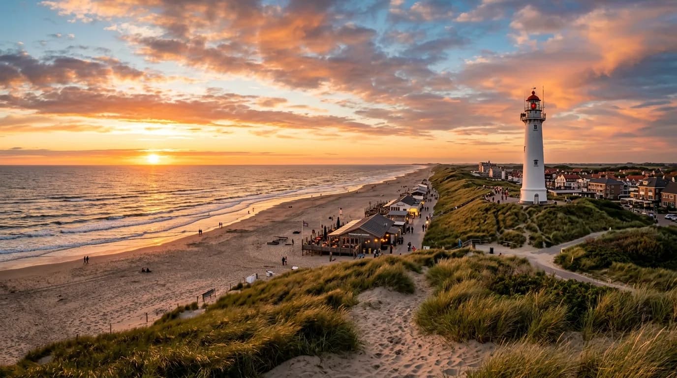 Egmond aan Zee strand met de vuurtoren Jan van Speijk bij zonsondergang