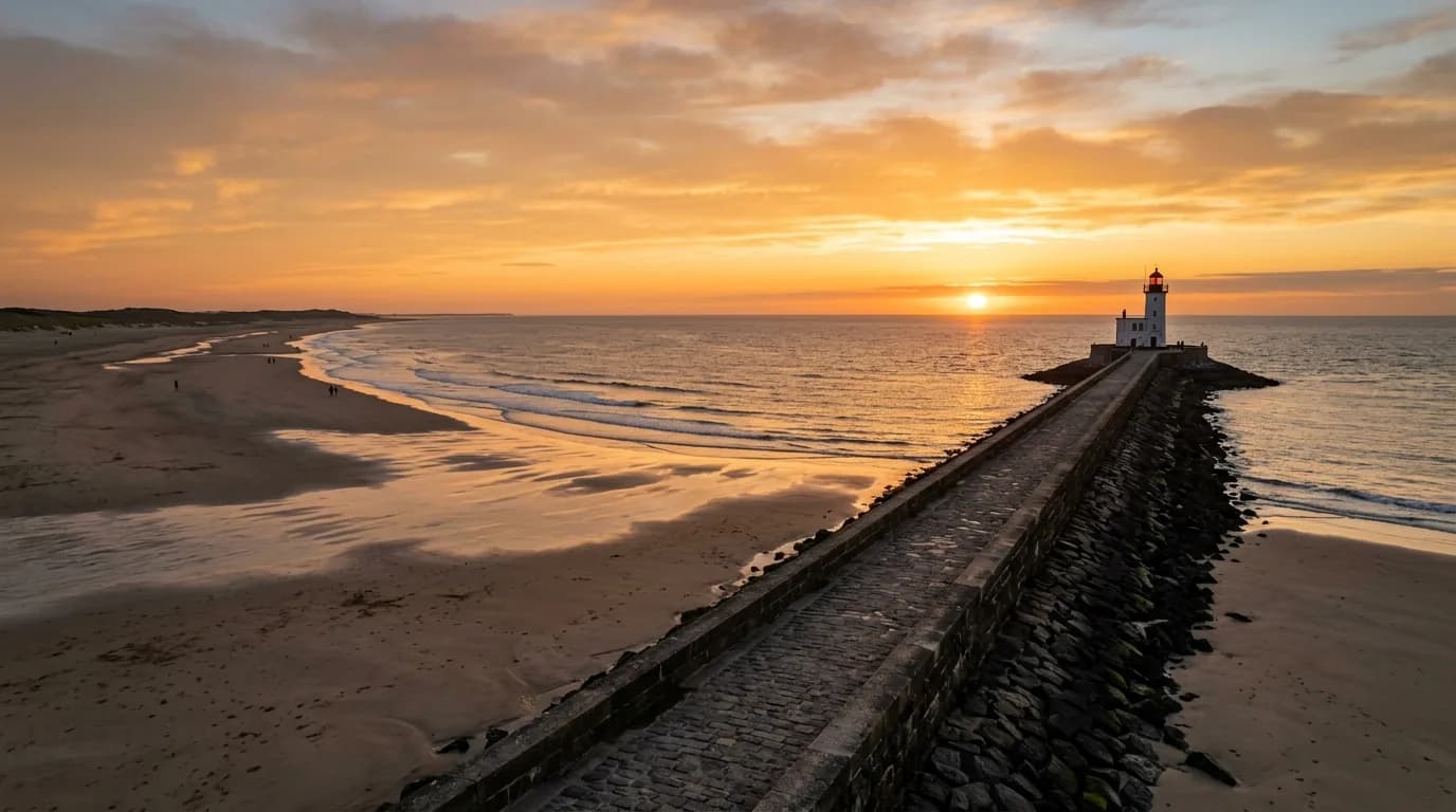 Het strand van Hoek van Holland met de lange stenen pier en het bakenlicht bij zonsondergang