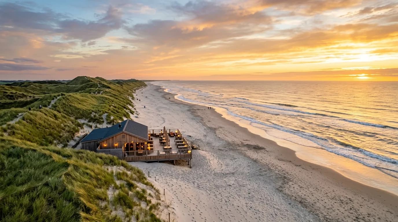 Het brede zandstrand en duinen van Julianadorp aan Zee met strandpaviljoen bij zonsondergang
