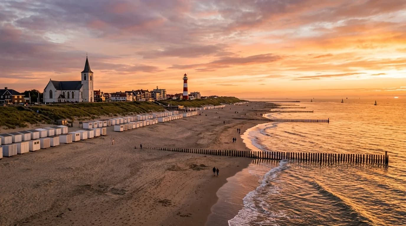 Katwijk aan Zee strand met de Andreaskerk en de Vuurbaak bij avondzon