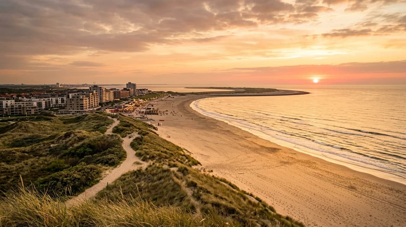 Het strand van Kijkduin met duinen en de Zandmotor bij zonsondergang