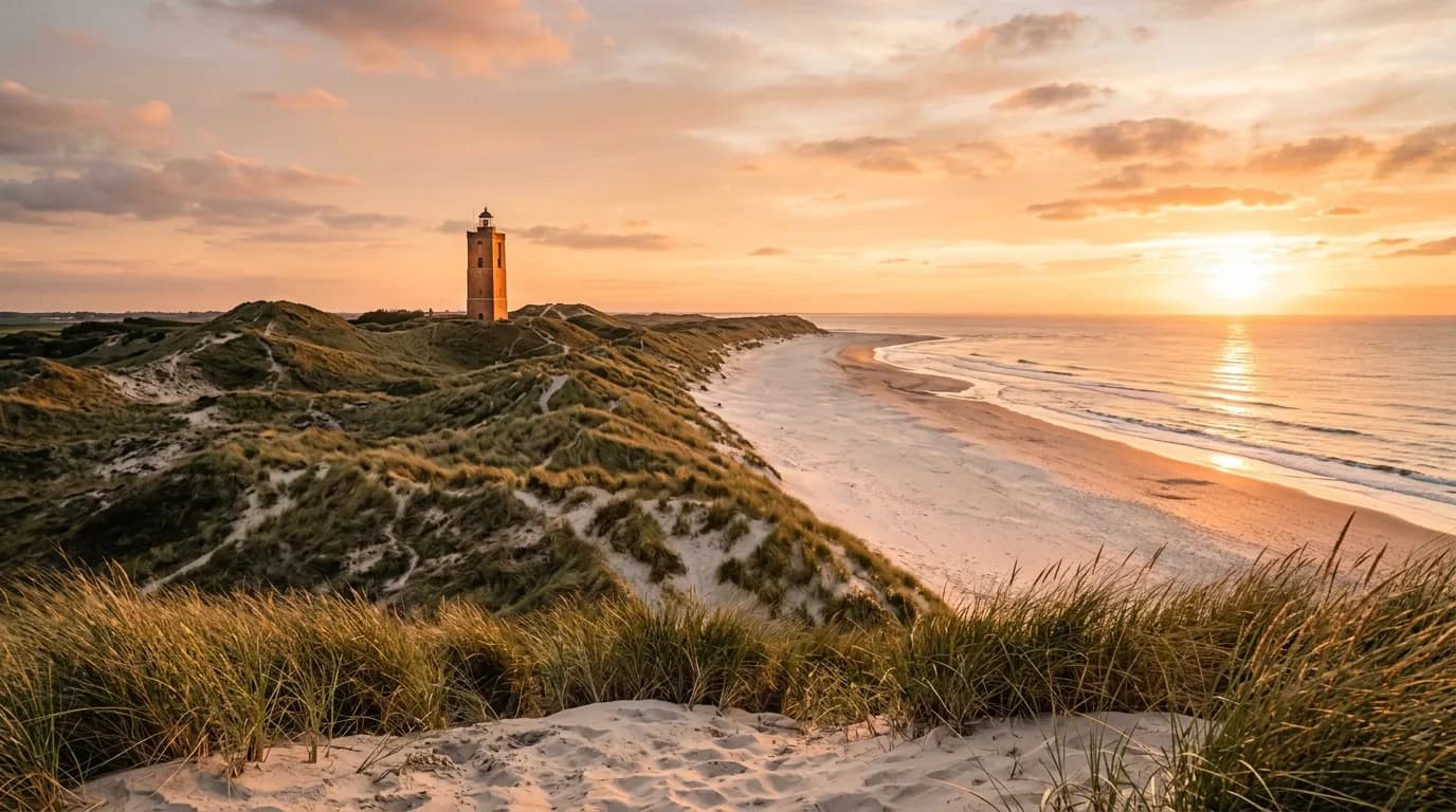 Het brede strand van Ouddorp met de vuurtoren Westhoofd en duinen bij zonsondergang
