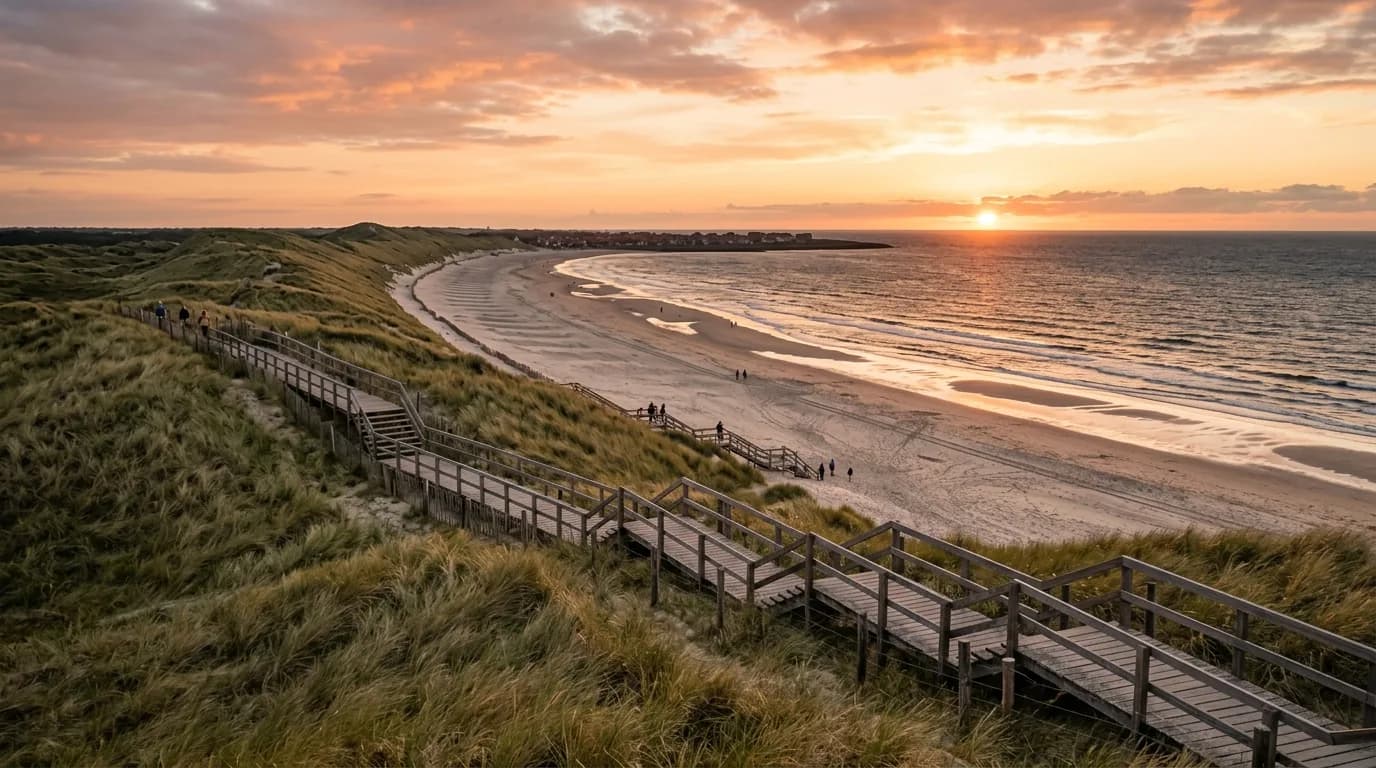 Het strand van Petten en de Hondsbossche Duinen met houten strandtrappen bij zonsondergang