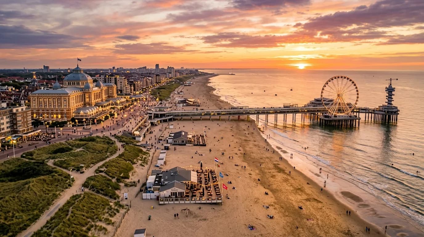 Panoramisch uitzicht op het strand van Scheveningen met het Kurhaus en de Pier bij zonsondergang