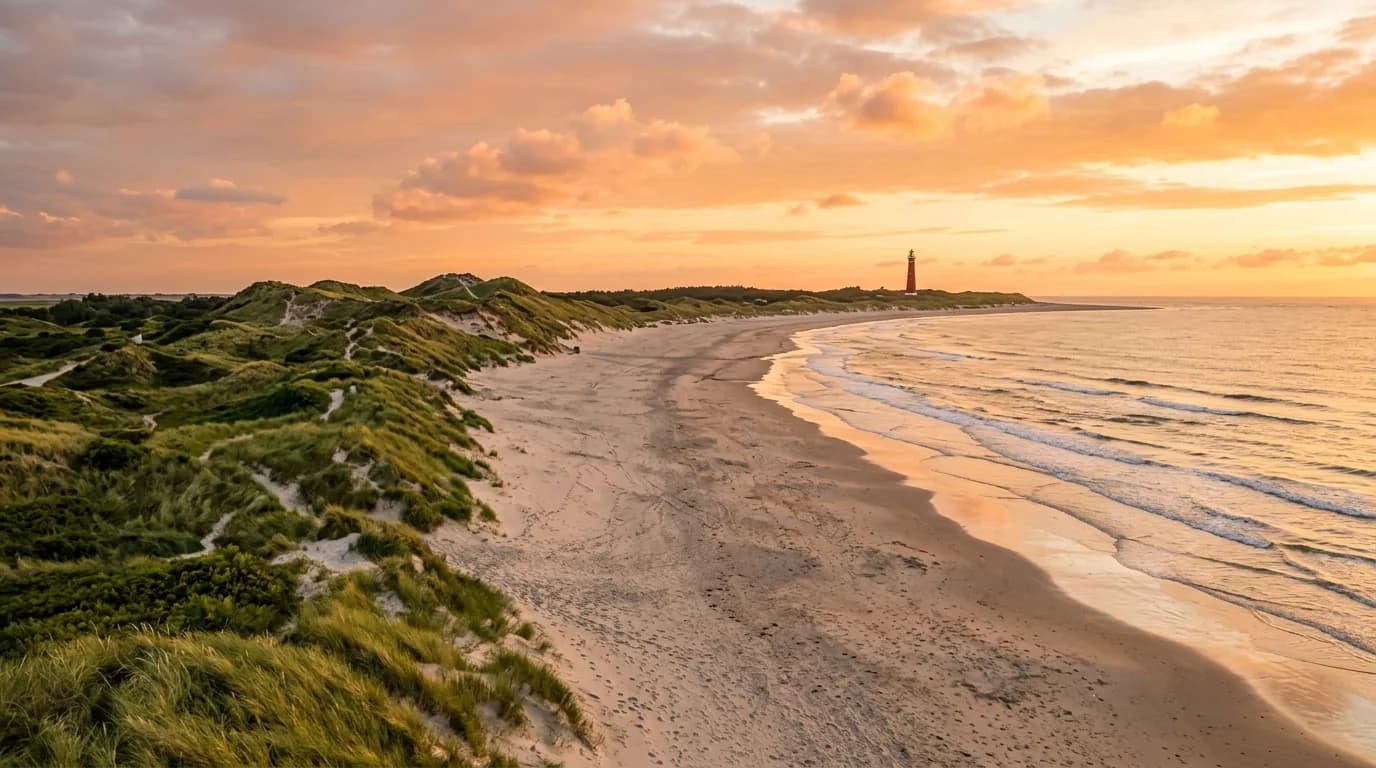 Het breedste zandstrand van Europa op Schiermonnikoog met de Noordertoren vuurtoren bij zonsondergang