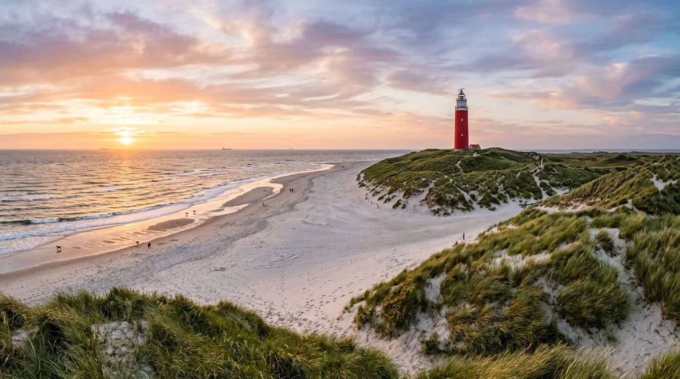 De iconische rode vuurtoren Eierland op Texel omringd door duinen en het strand bij zonsondergang