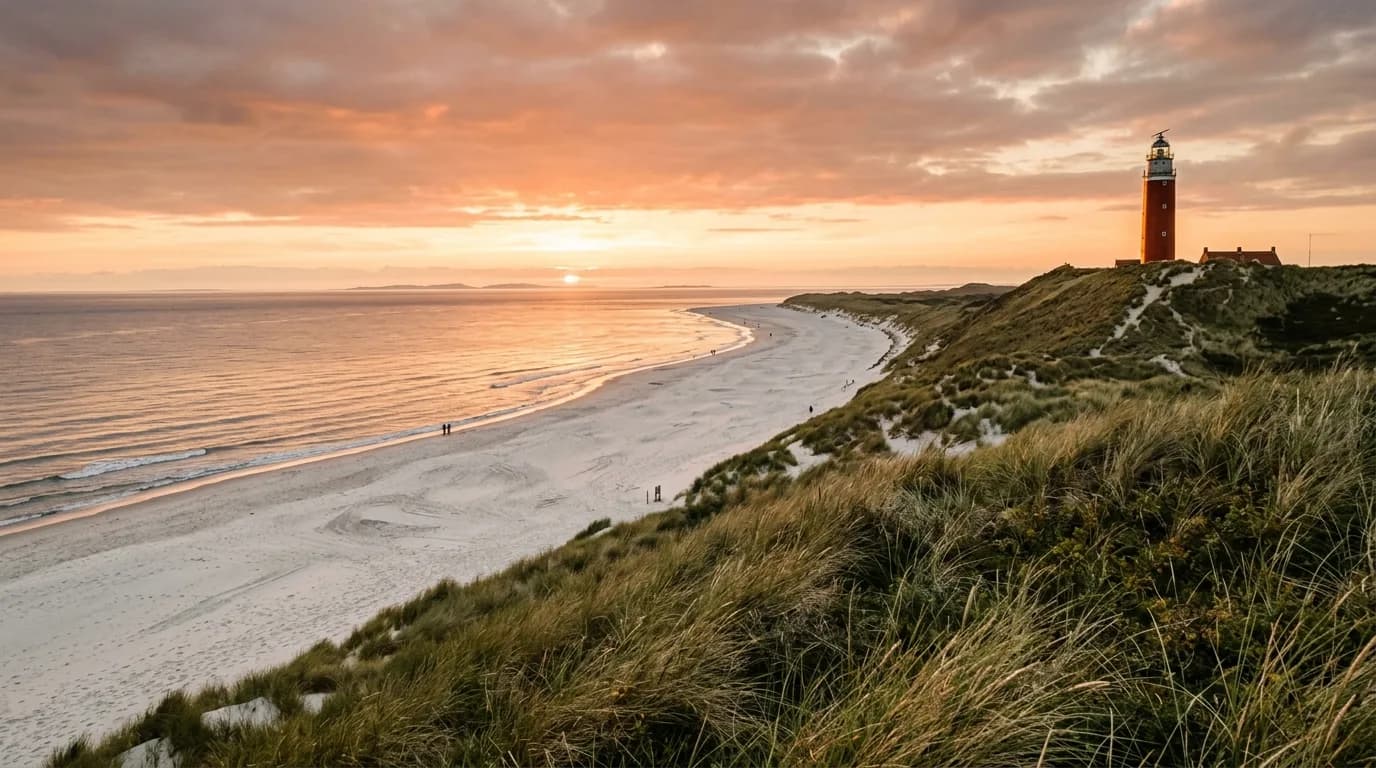 Het uitgestrekte strand en duinen van Vlieland met de vuurtoren op de Vuurboetsduin bij zonsondergang