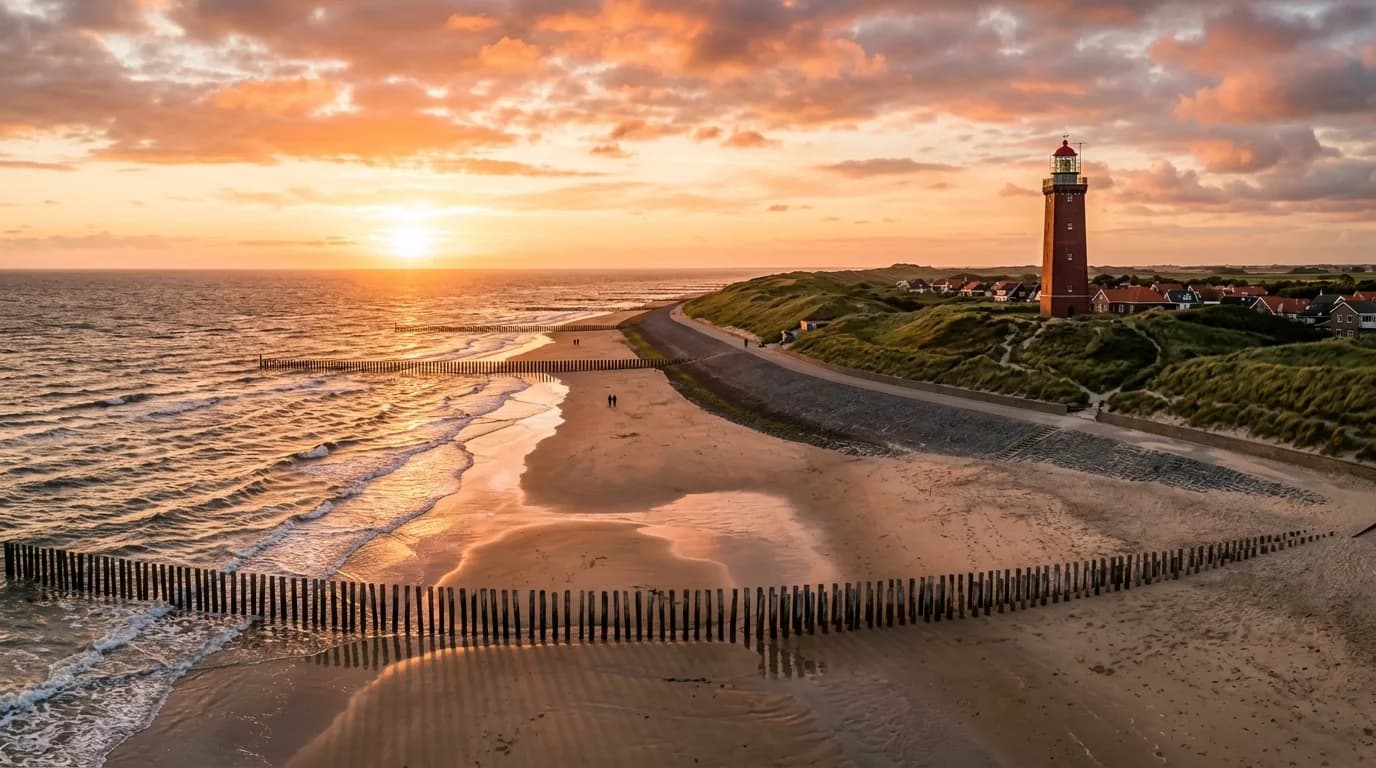 Het strand en de Zeedijk van Westkapelle met vuurtoren 't Hoge Licht en paalhoofden bij avondzon