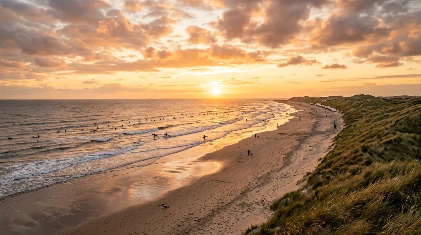 Het brede zandstrand en de branding van Wijk aan Zee met surfers bij zonsondergang