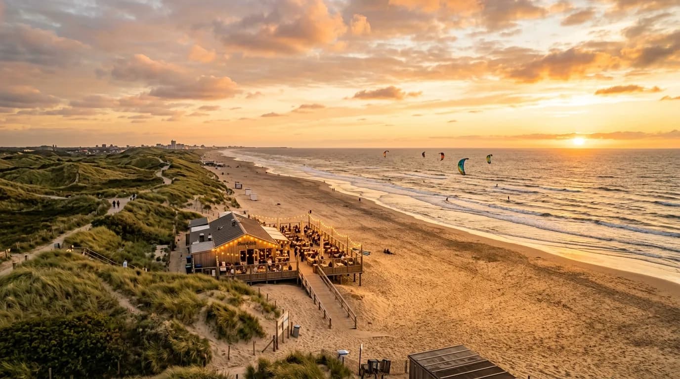 Het brede zandstrand en strandpaviljoen van Zandvoort aan Zee bij zonsondergang